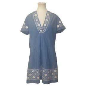 Madewell 1937 Blue Cotton Embroidered V Neck Short Sleeve‎ Mini Dress Size M